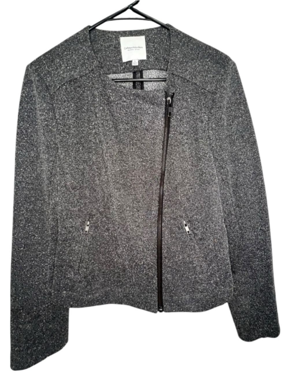 Catherine Malandrino Grey Sparkly Asymmetrical Zip Moto Marled Jacket